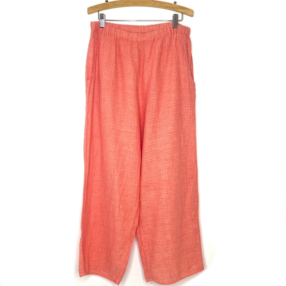 FLAX Linen Seersucker Wide Leg Flood Pants Coral Orange Pull On Pockets Medium - Picture 1 of 8